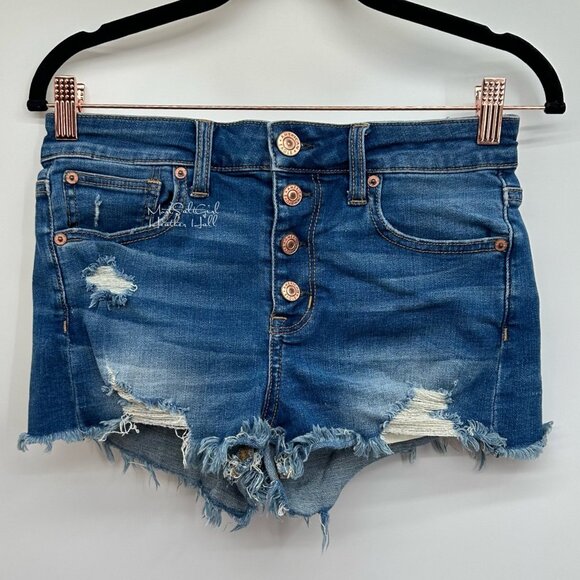 American Eagle Outfitters Super Stretch Button Fly Hi Rise Shortie Jean Shorts - Picture 1 of 6
